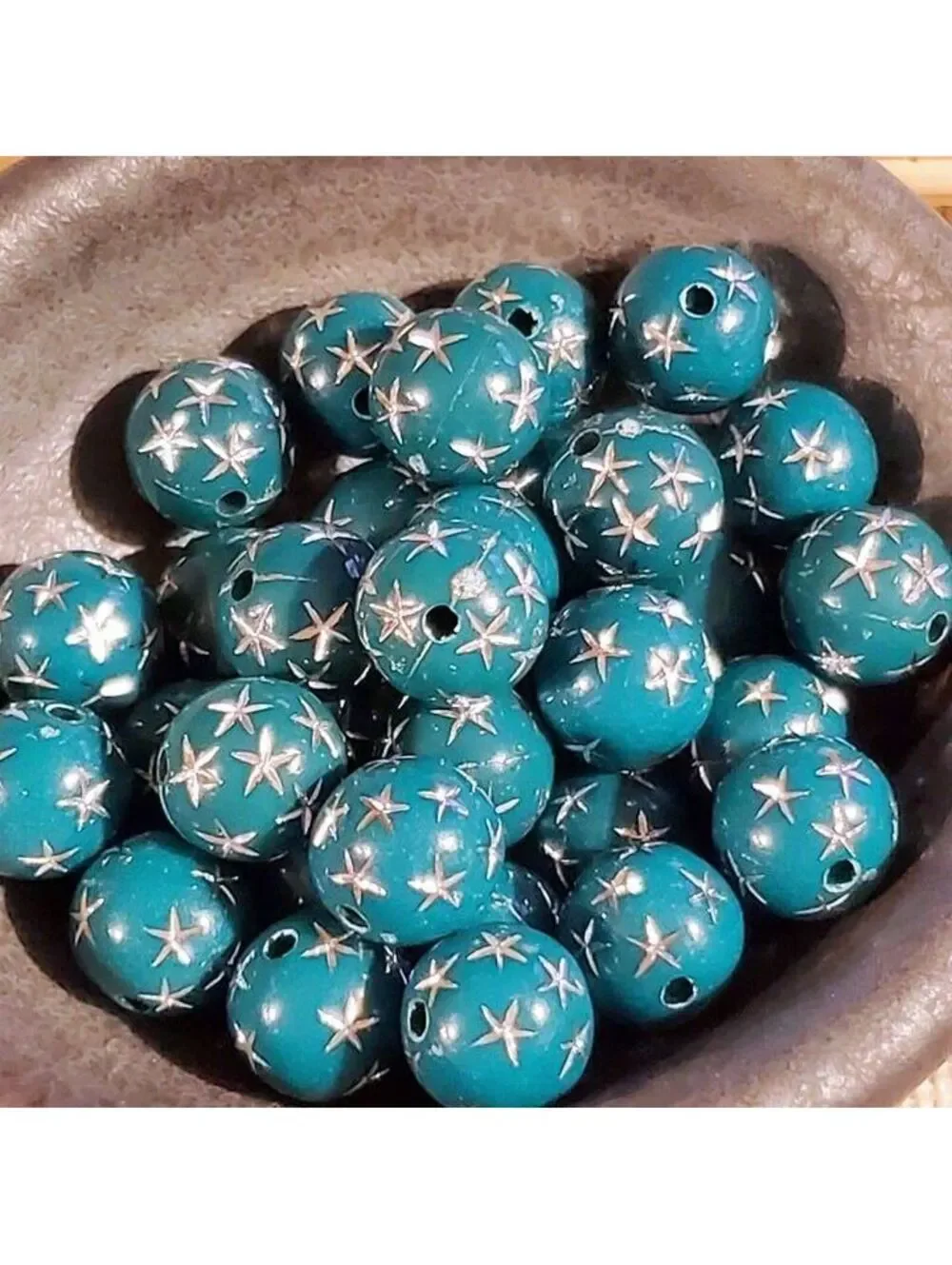 10 Vintage Retro Teal Green Silver Stars 12mm Round Acrylic Shabby Beads
